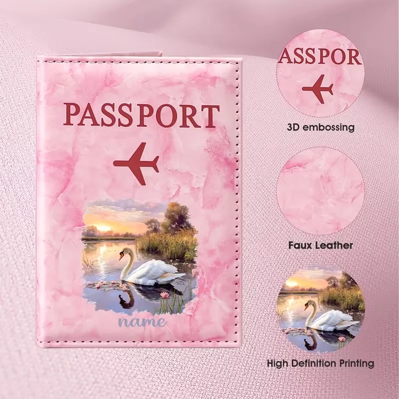 Personalized Custom Name Elegant Swan Lake Illustration Design PU Passport Holder, Featuring a Serene Scene of a Sunset by