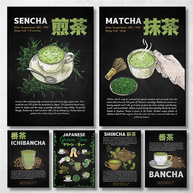 Pintura en lienzo Vintage Matcha té verde japonés Sencha cultura póster impresión arte de pared restaurante sala de estar decoración del hogar