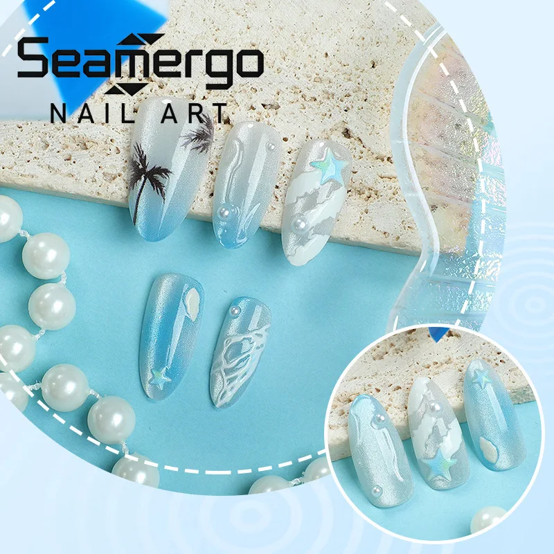 24PCS Blue Almond Press on Nails Beach Theme Coconut Tree Seashell Starfish Pearl Rhinestone Sweet Style Reusable False Nails