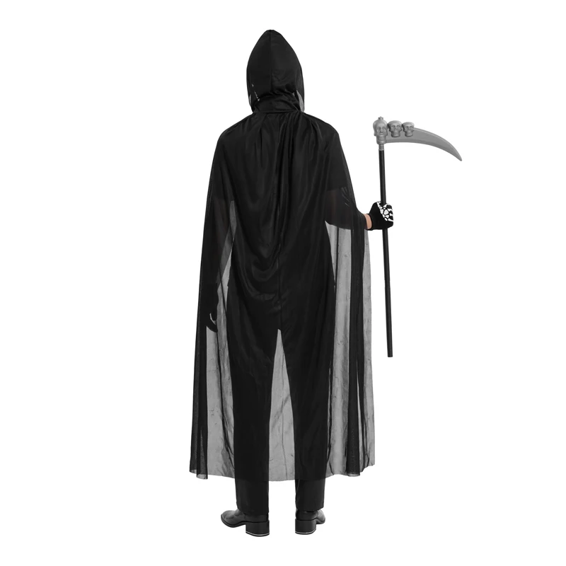 Disfraz de capa de Halloween para niños y adultos, bata de terror de Death Grim Reaper con gafas de ojos rojos brillantes, guadaña, ropa facial, guantes