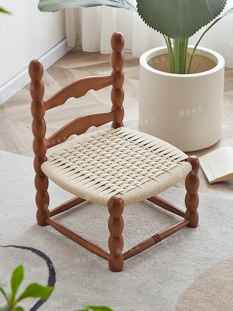 Vintage log furniture backrest rope woven children's solid wood chair handmade log baby stool