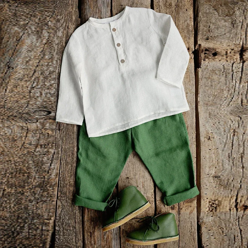 Children\'s Linen Long-Sleeved White T-Shirt Chic New Daily Casual Loose Baby Kids Button-up Autumn Blouse Cotton Linen Clothing