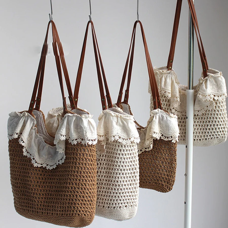 Summer Bohemian lace cotton thread grass woven bag hollowed-out knit beach totes travel women's zip single-shoulder bag bolsa