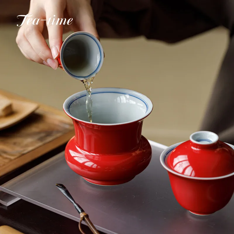 Hand Painted Ceramic Jianshui Forbidden City Red Tea Washing Bowl Residue Jar Water Bucket Chinese Big Pretty Bowl Tea Ceremony