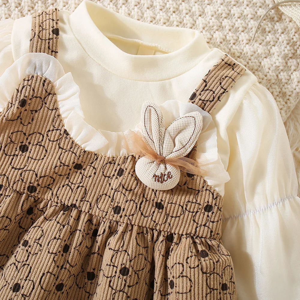 Girl Kid\'s Dress Spring And Autumn Rabbit And Flower Pattern Lace Edge Long-Sleeved Baby Girl Clothes Cute Casual Baby Dresses
