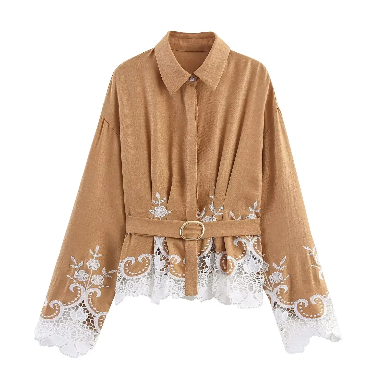 

Vintage Lace Hollow Out Shirt Women Chic With Sashes Single Breasted Long Sleeve Folds Shirts 2025 New Autumn Office Lady Shirts