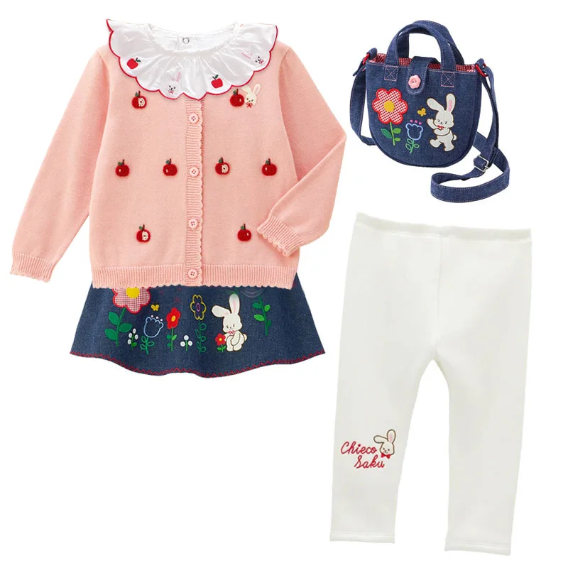 

Вязаный кардиган для девочек в корейском стиле с милым мультяшным кроликом и вышивкой яблока на весну и осень 90-130