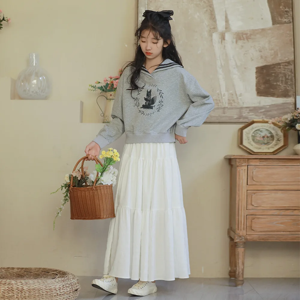 

2025 Spring Autumn School Girl Clothing Set Junior Girl Retro Sailor Collar Cartoon Squirrel Print Top+White Skirt Set For Girl