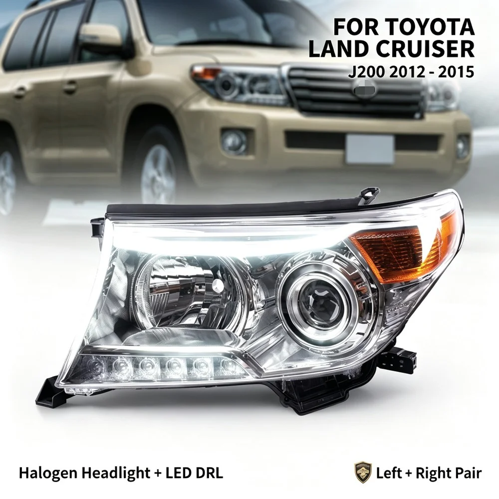 Reflektor 81145-60F20 do Toyoty Land Cruiser J200 2012 2013 2014 2015, halogenowy reflektor z diodami LED DRL, para lewa i prawa strona.