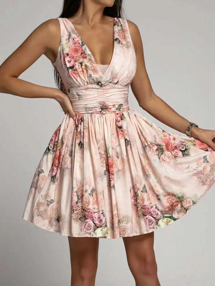 Femme geplooide hoge taille vetersluiting zomer streetwear backless slanke print v-hals off-shoulder dames mini-jurk