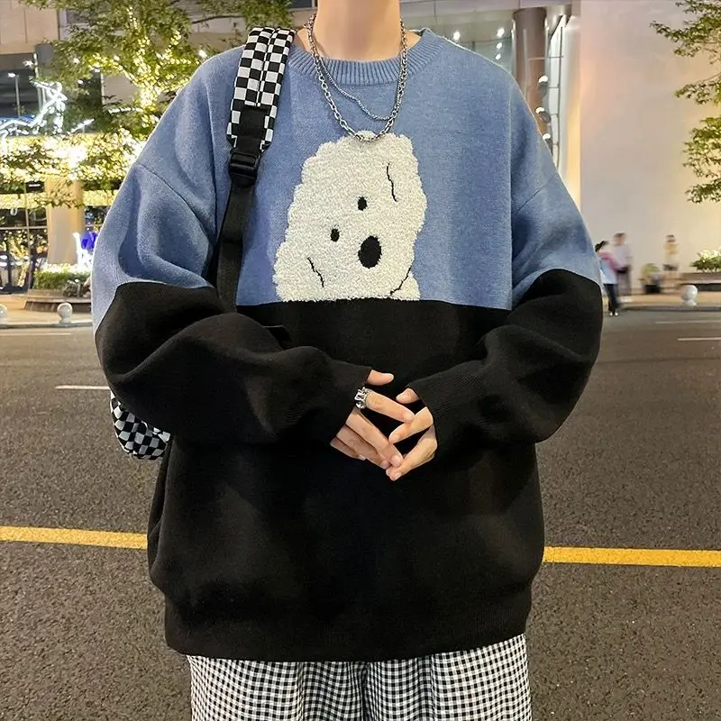 Sweater Pria Kartun Leher Bulat Motif Anak Anjing Pasangan Longgar Trendi Merek Warna Kontras