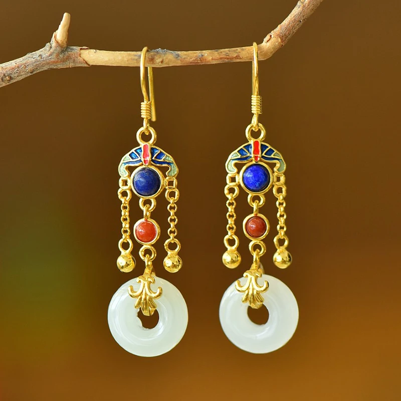 

Серьги с эмалью из натурального нефрита Хэтянь, серебро S925, лазурит, оникс, кольцо, серьги с кисточками в этническом стиле