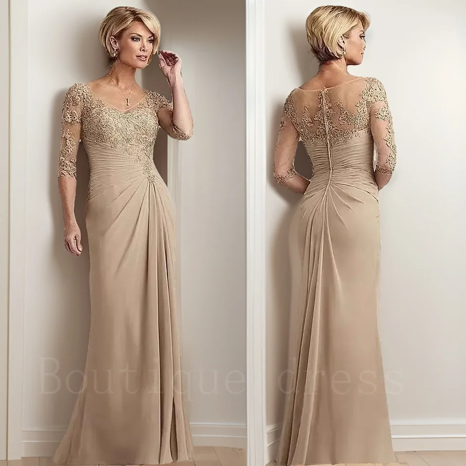 Elegant Beaded Lace Champagne Mother of The Bride Dresses pluse Size Chiffon Half Sleeves Groom Mother Evening Dress For Wedding