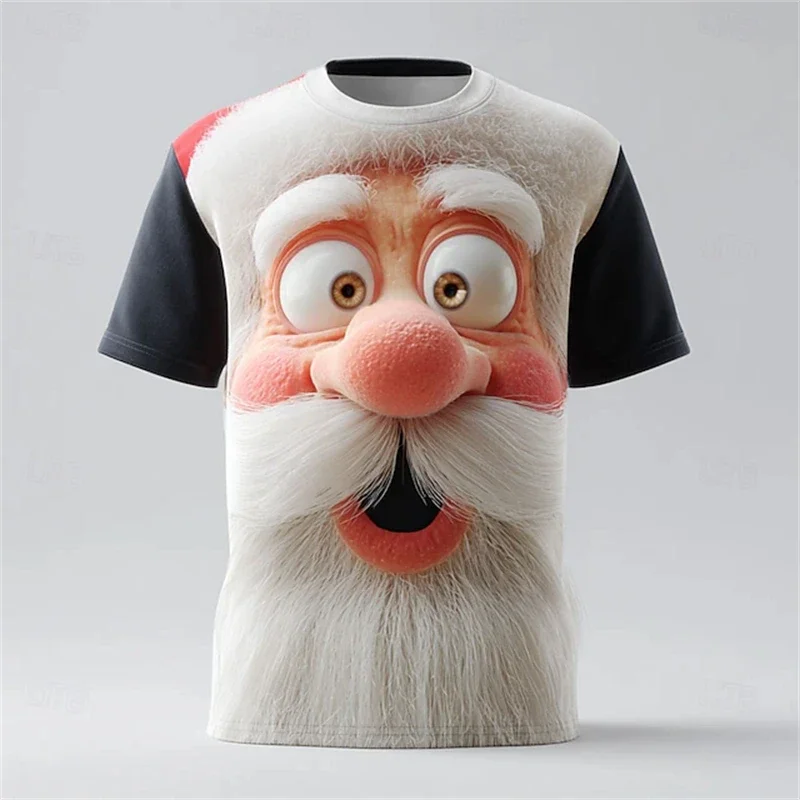 Trendy Men's 3D Realistic Santa Face Print T-shirt Full Print Beard Glasses Santa Short Sleeve Funny Christmas Costume Tee Tops