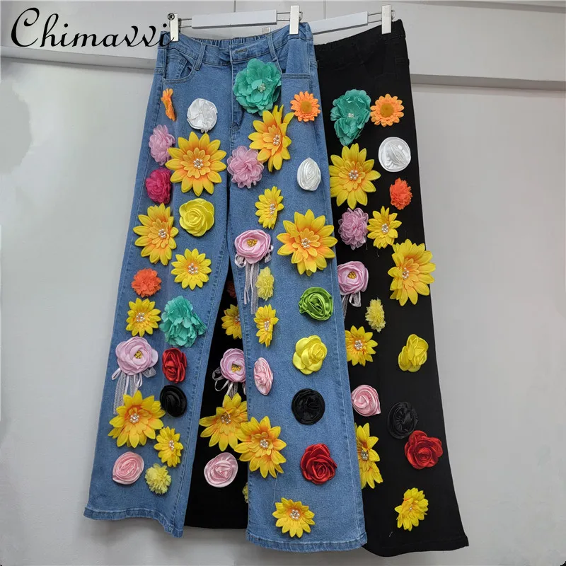 

2025 Autumn Clothes New Fashion 3D Multi-Color Flower Straight-Leg Jeans Heavy Slim Fit Elegant Stretch Denim Pants for Women