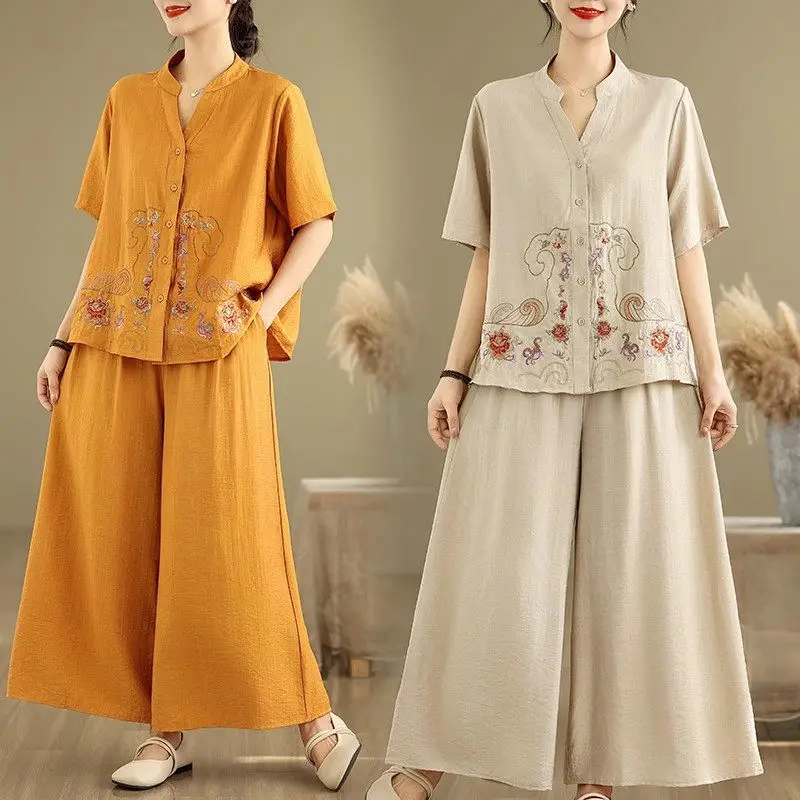 

Women's Embroidered Cotton Hemp Shirt & Wide-Leg Pants Set - 2025 Summer Loose Slimming Outfit Casual Two-Piece G605