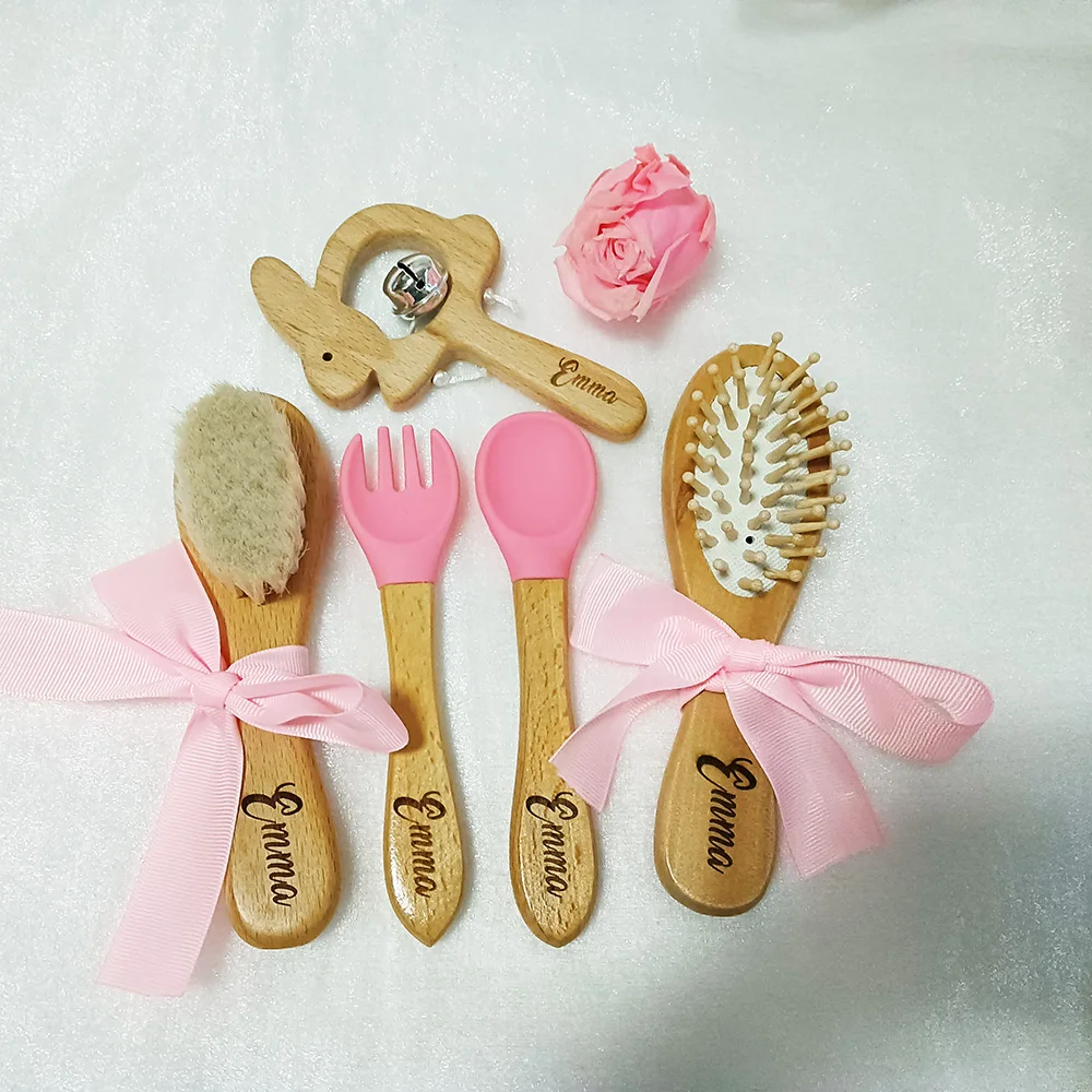 

Wooden Rattle with Personalized Name for Baby, Silicone Spoon and Fork Set, Sensory Toy, Custom Newborn Hair Brush, Kids Gift