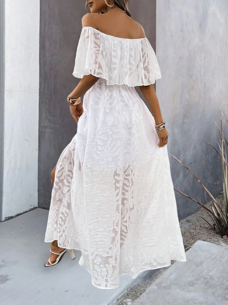 Robe longue en dentelle bohème pour femmes, blanche, plage, ample, sans bretelles, asymétrique épaule dénudée, couleur unie, Sexy, nouvelle collection été 2025