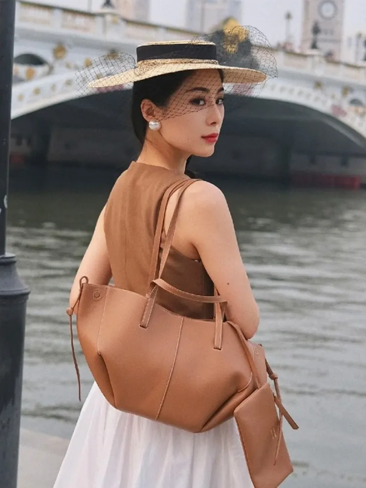 Office Ladies Elegant Solid Cow Split Leather Single Shoulder Bag Casual Tote High Capacity Handbag Women Fashion Armpit Bags