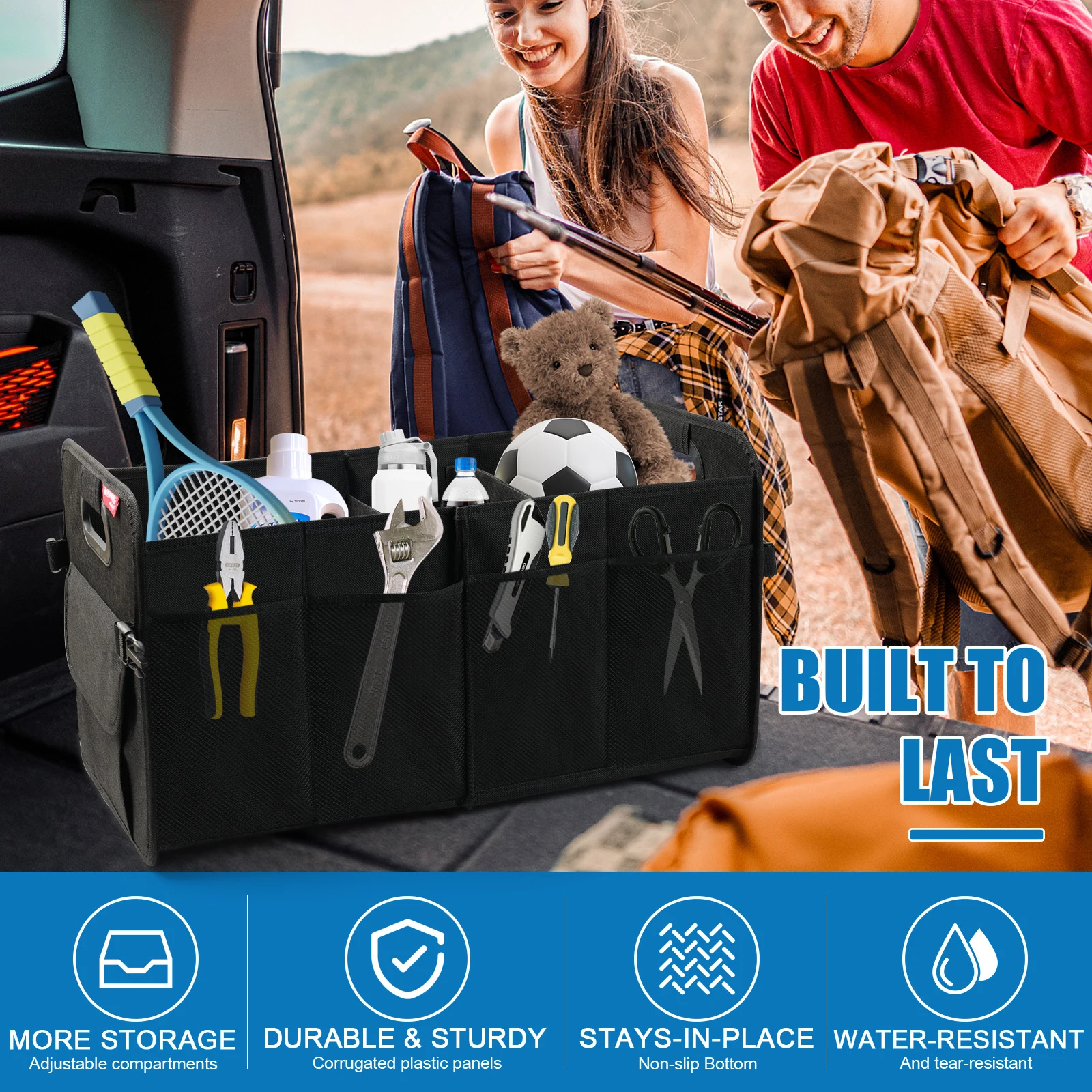 

55L Foldable Car Trunk Organizer - 3 Layers Waterproof Oxford Storage Box with Front Pocket & Heavy-Duty Handle (Black)