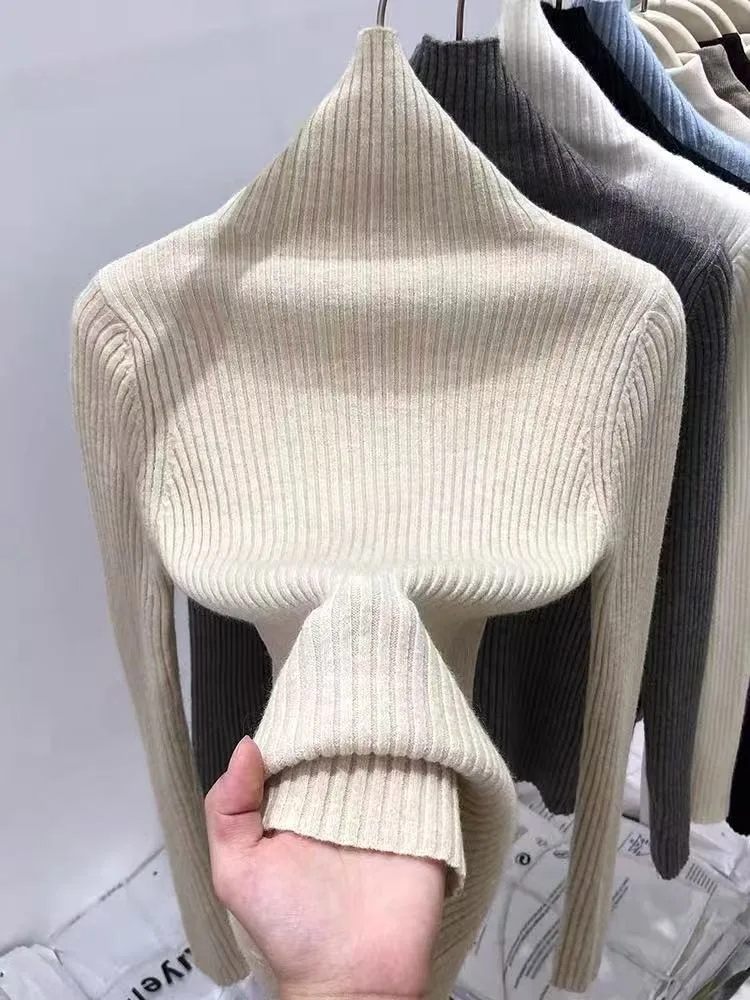 ay Knitted High Collar Sweater Women's Faionable Base Layer irt for Autumn Winter Matching with Coat Sweet Sle Slim F...