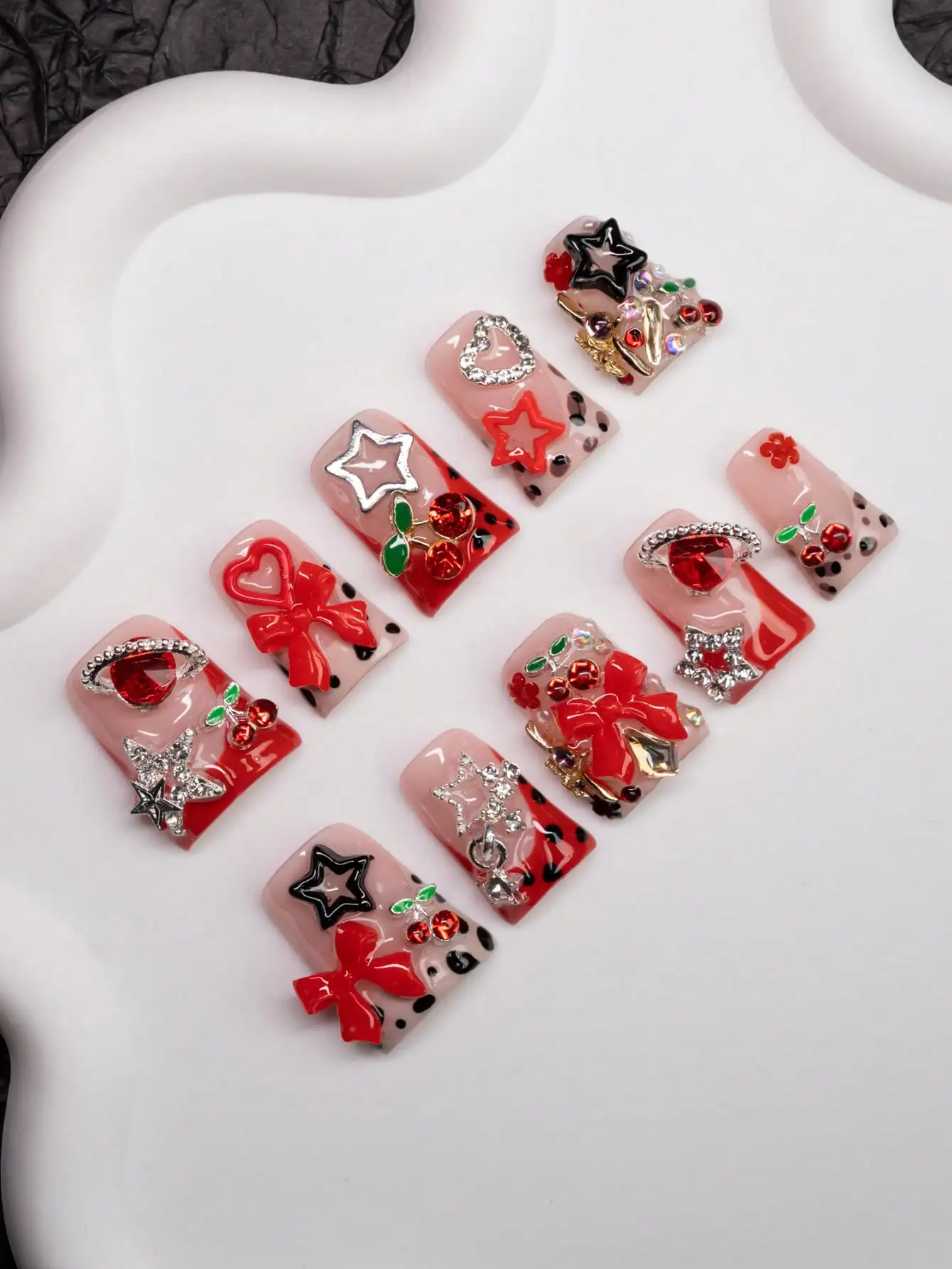 

10Pcs/Pack Handmade Almond-Shaped Nail Tips With French, Bow, Heart, Planet, Cherry Blossom, Star, Rhinestone Designs, Suitable
