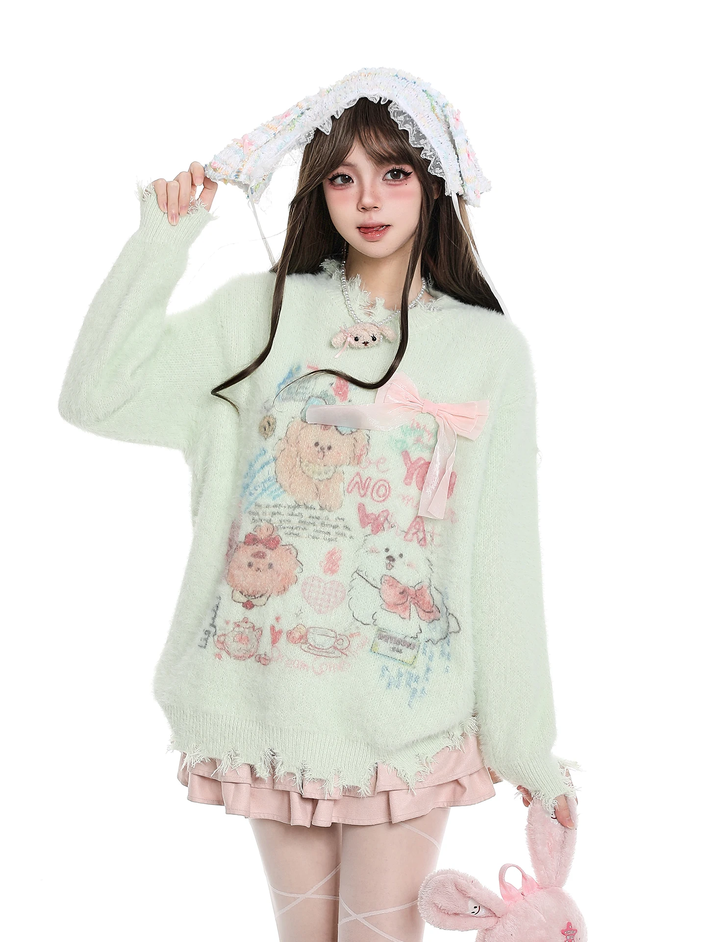 

Корейский вязаный свитер с милым мультяшным принтом для женщин, осенне-зимний, мягкий, уютный, в расслабленном стиле, теплый трикотажный топ