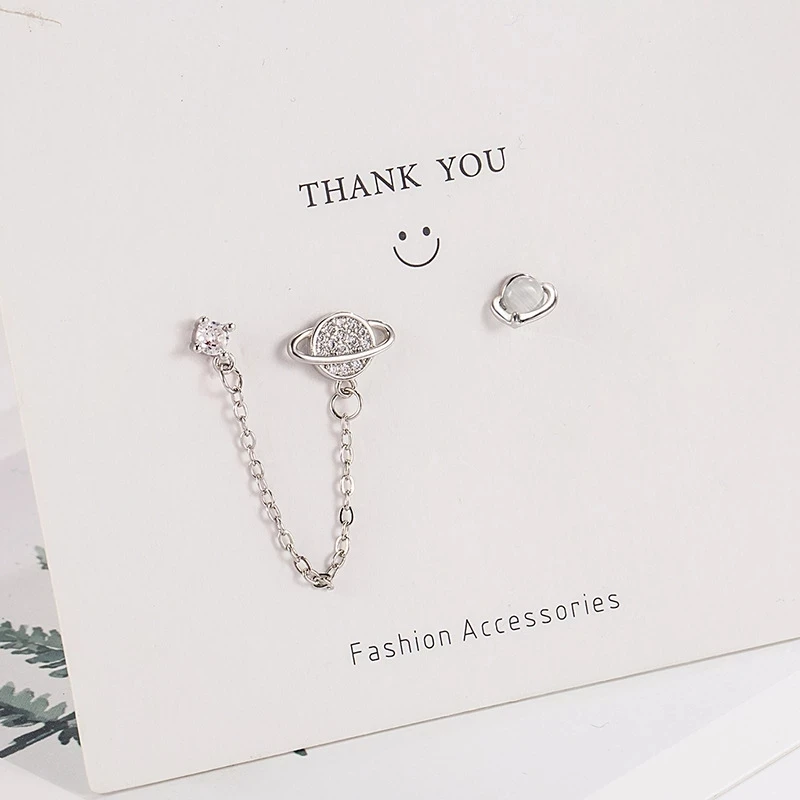 جديد فضي اللون غير المتماثلة كوكب أقراط للنساء شخصية مزدوجة الأذن ثقب القرط الكورية موضة مجوهرات حساسة