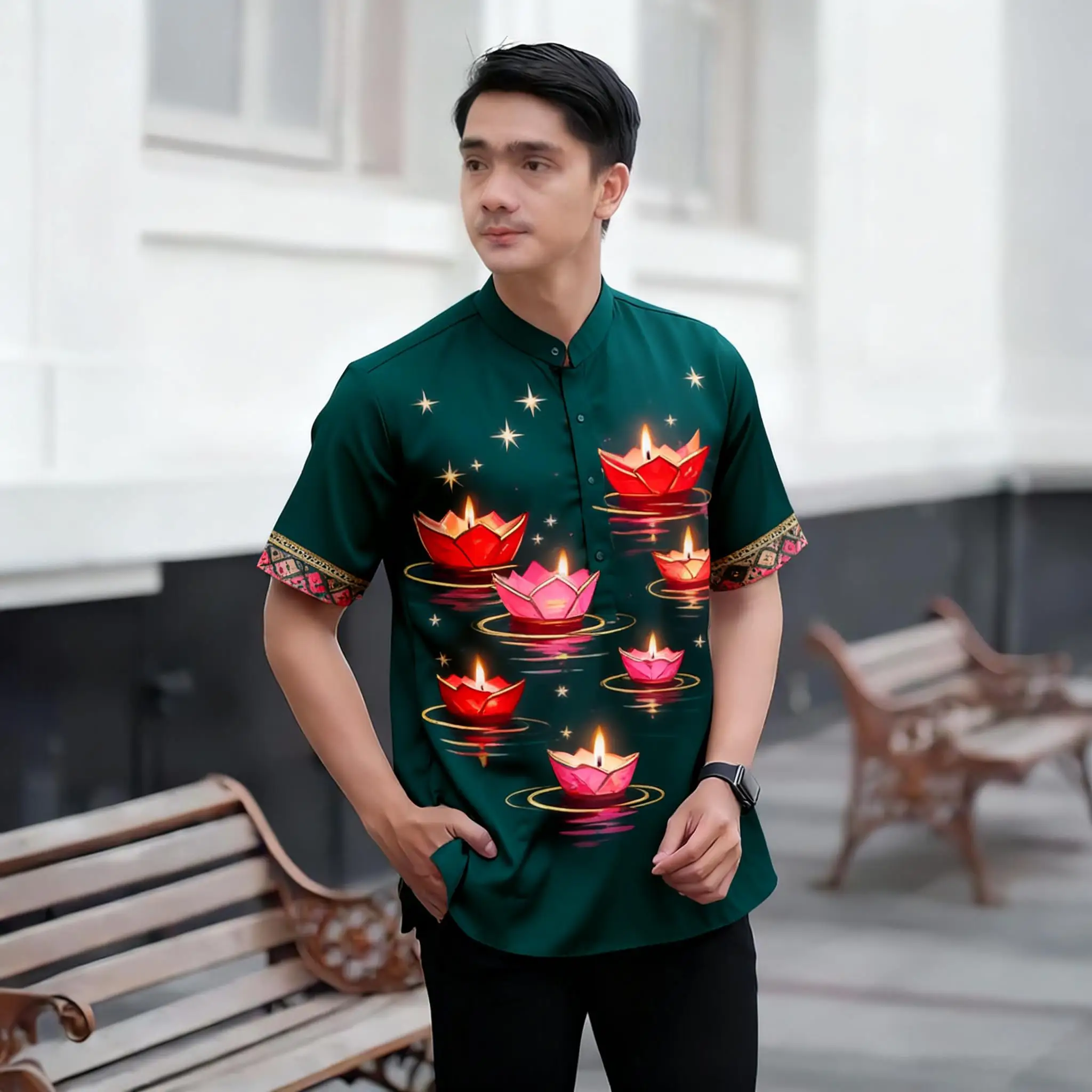 الرجال المسلمات الإسلامية العربية عباية قصيرة الأكمام قميص العرقية طباعة الوقوف طوق الشباب 2026 معطف فاخر ملابس عصرية غير رسمية