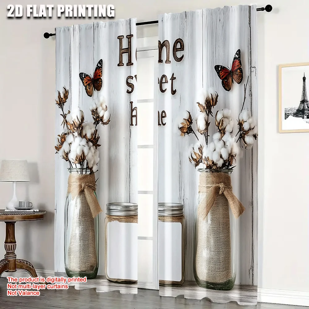 

2pcs, Curtain Cloth 2D plane printing With HOME and Mason jar design Versatile Durable Polyester (without rod) Room Decor Ldeal