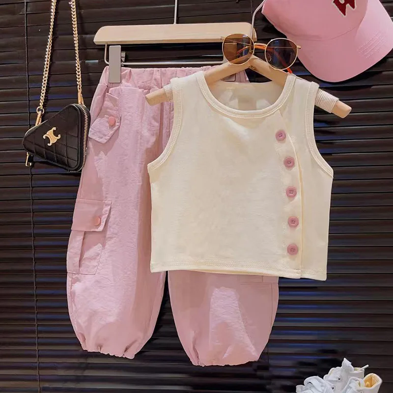 2026 Neue Sommermode Kinder Mädchen 2-teiliges Outfit Ärmellose Weste + Cargohose Set Kleinkind Lässige Kinderkleidung 3-12 Jahre