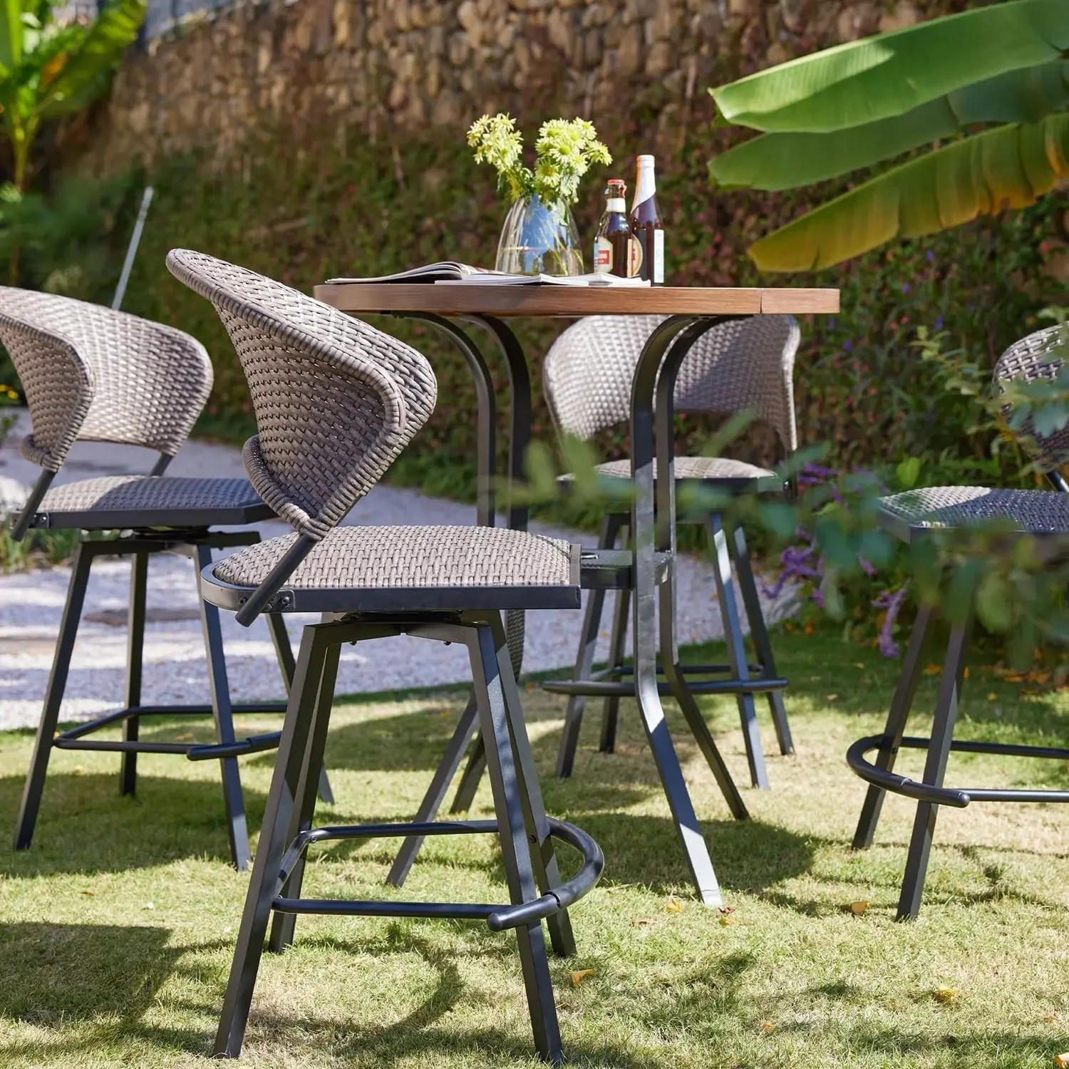 VICLLAX Patio Bar Stool Chairs Set of 6, Brown Woven Wicker, Bar Height Swivel Chairs with Footrests and Padded Seats