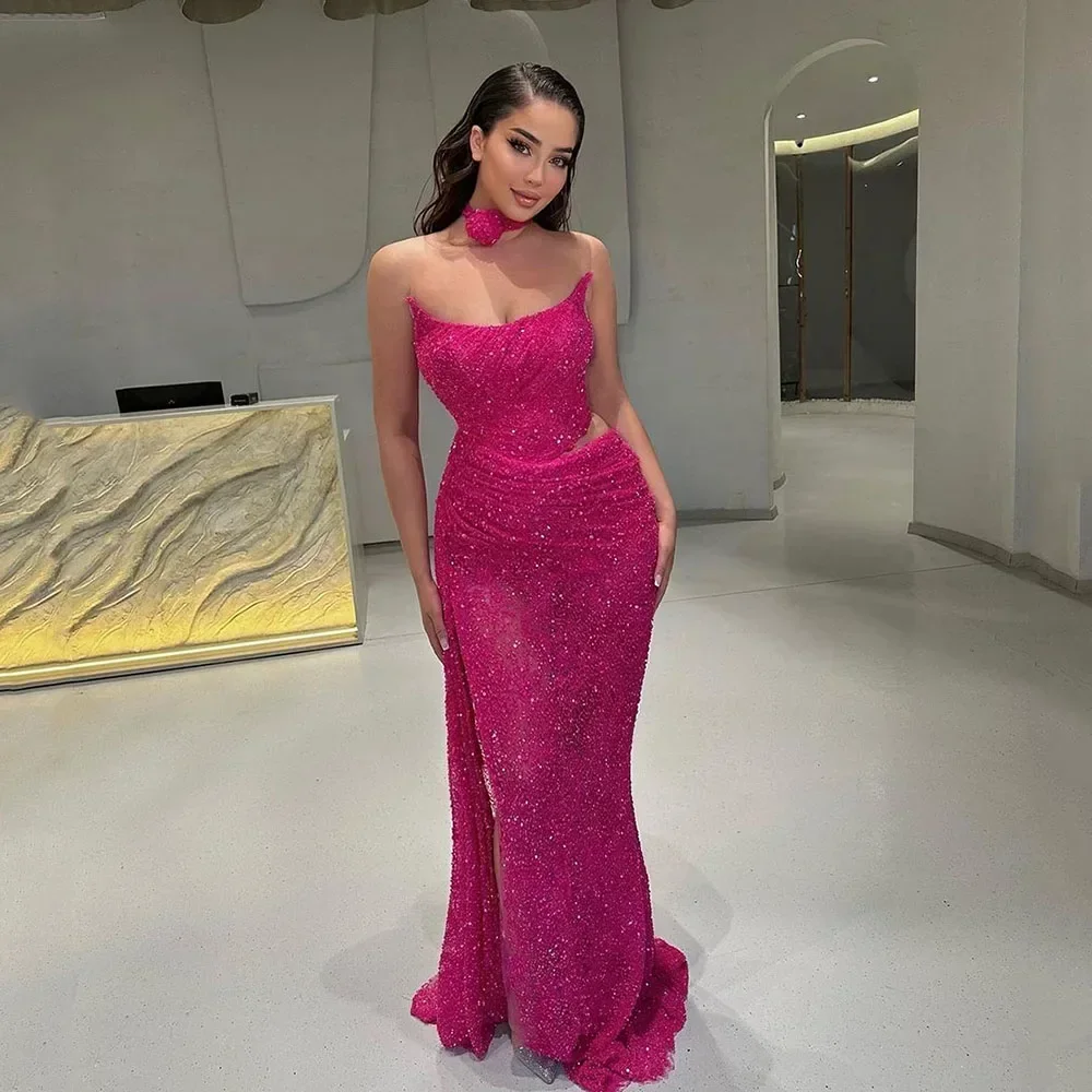 

Customized Purple Mermaid Evening Dress Sequined Shiny Prom Gowns With Draped Robe Graduation Party Dress High Quality Exquisit
