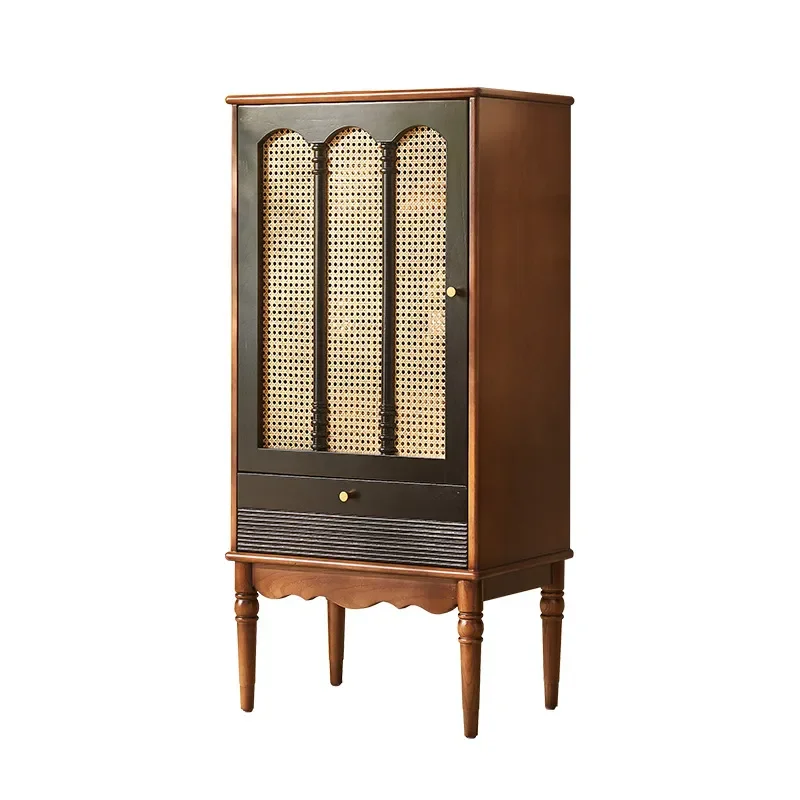 French Solid Wood Tall Rattan Display Cabinet Living Room Wall Storage with Drawer Antique Style Foshan Furniture