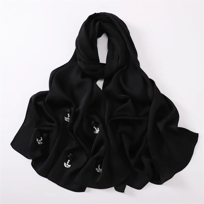 Plain Stitch Rose Floral Necklace Bubble Chiffon Hijab Shawl Lady High Quality Wrap Beach Bufandas Ramadan Islamic Muslim Sjaal