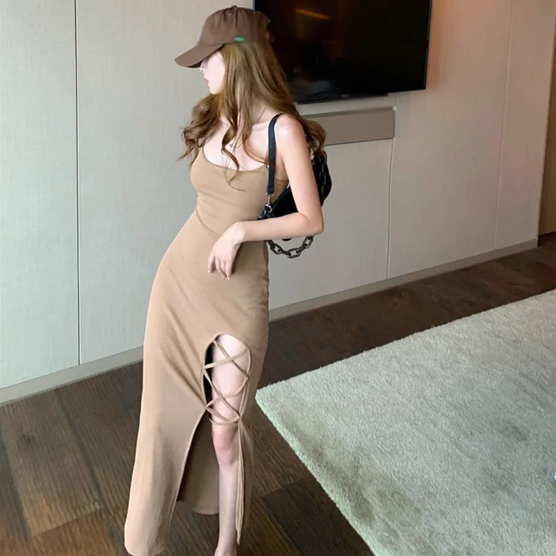 

Summer Women's Dress Fashion Solid Colour Slim Sexy Split Bandage Sleeveless Sling Dresses