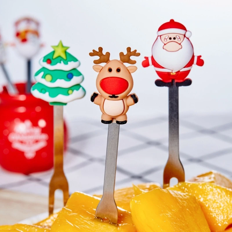 5 قطعة شوكة حلوى الفاكهة مع قاعدة مسواك قابلة لإعادة الاستخدام لعيد الميلاد يختار الطعام شوكة المقبلات الكرتونية لكعكة الوجبات