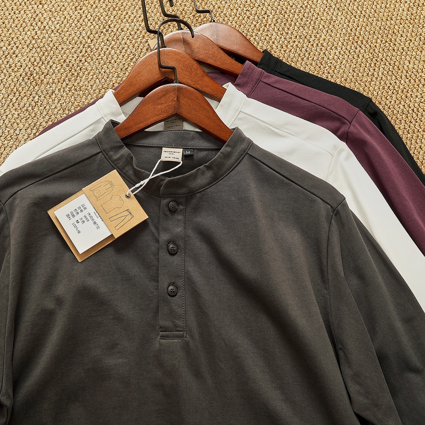 Retro Henry collar button-down long-sleeved T-shirt men's American thick simple solid color distressed top