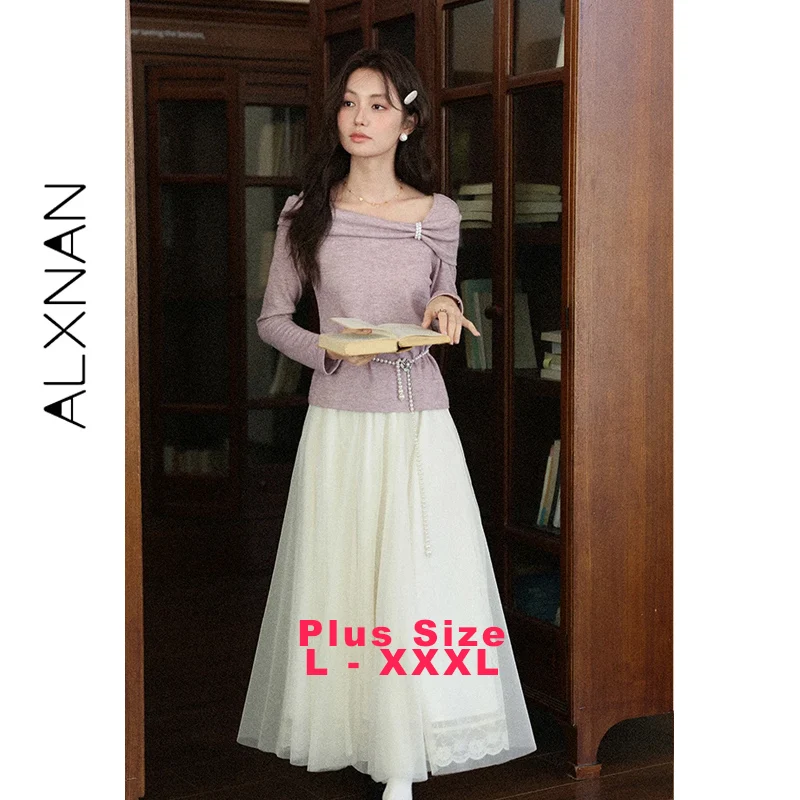 

ALXNAN плюс размер фиолетовая вязаная футболка женский пуловер с открытыми плечами и длинными рукавами осень облегающий повседневный элегантный топ женский D12711