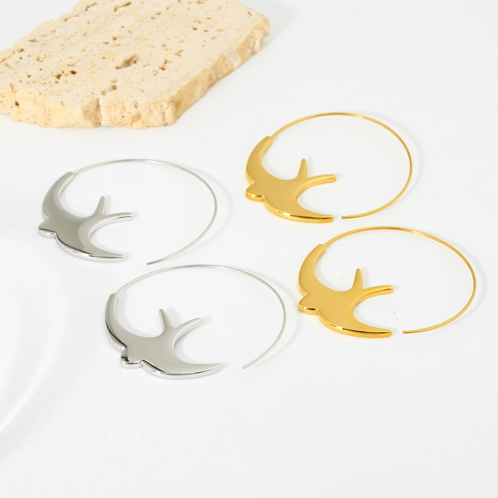 

Minimalist Stainless Steel Swallow Bird Pull Through Hoop Earrings For Women Gold Color Metal Waterproof Fashion Jewelry Gift