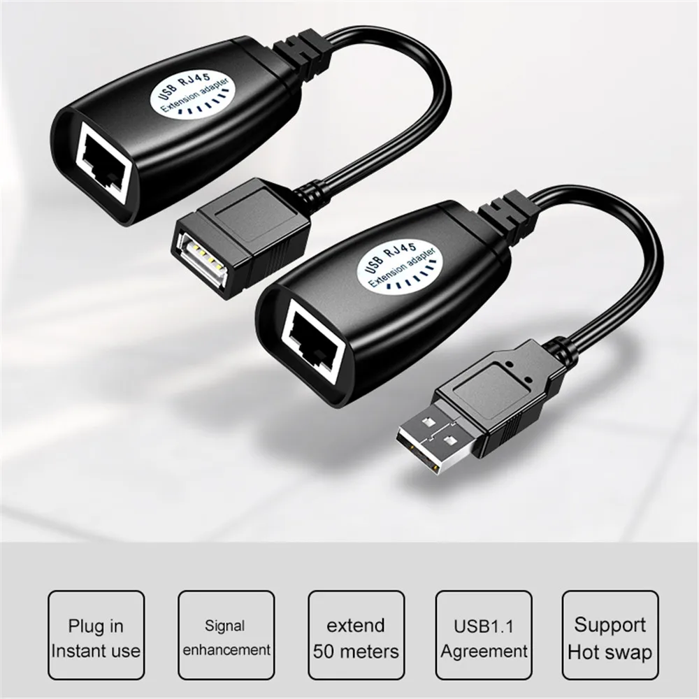 Extension Adapter 1pair USB to RJ45 LAN Cable Extender Over Cat5 RJ45 Cat6 Patch Cord Black Networking Accessories