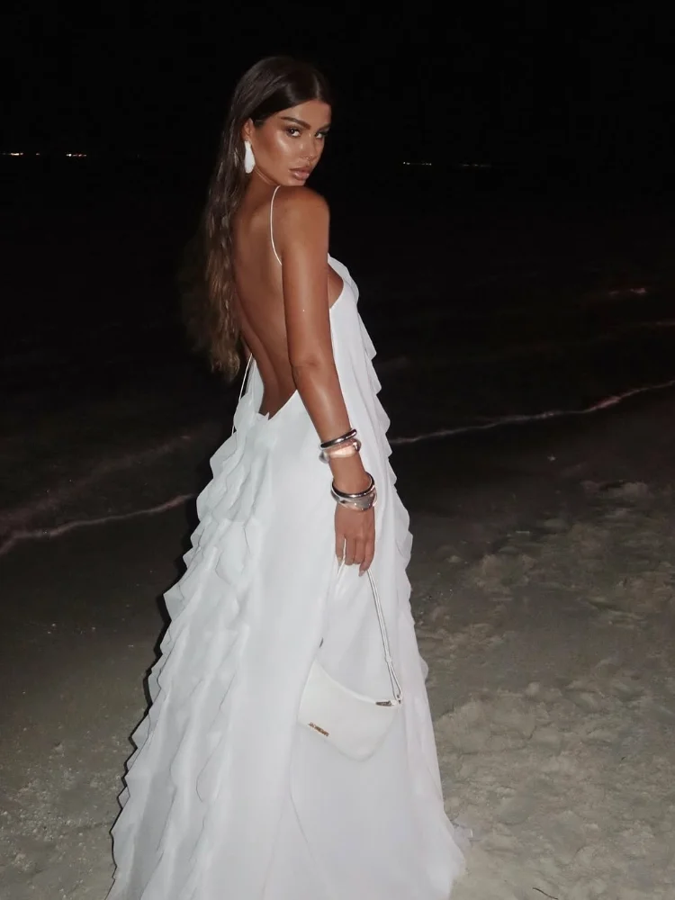Elegant White Ruffles Edge Backless Long Dresses Women Sexy Off Shoulder Loose Maxi Dress Fashion Beach Vocation Party Robes