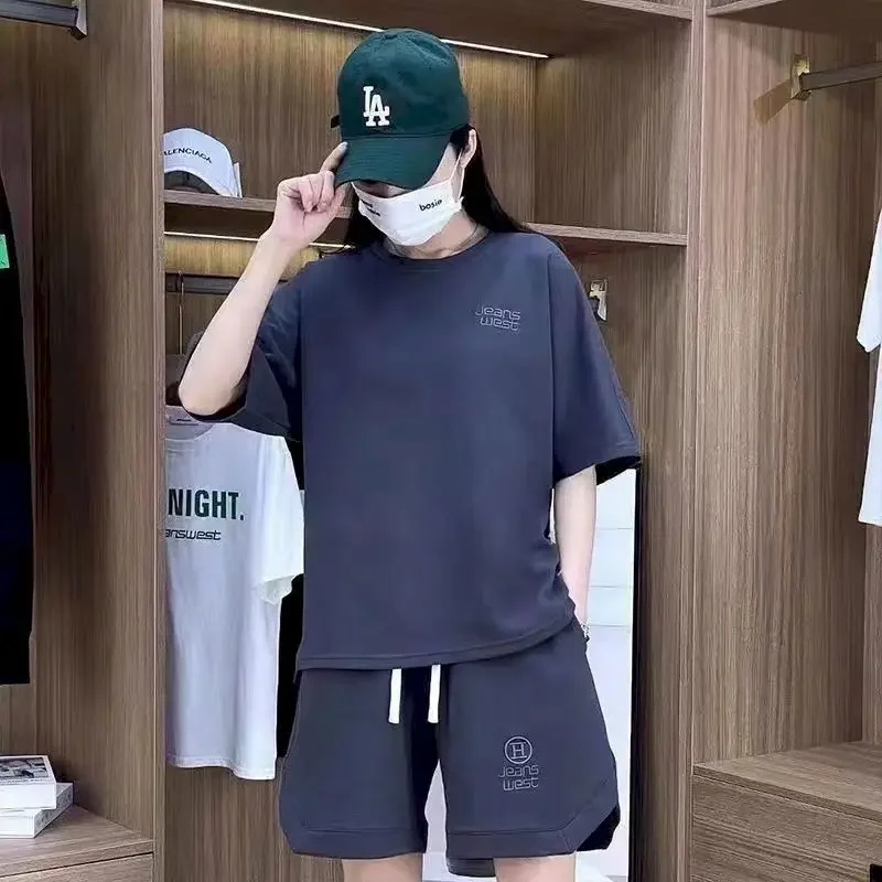 

Летние спортивные комплекты футболок, женские повседневные модные однотонные вышитые футболки с короткими рукавами и свободные шорты, костюмы из двух предметов