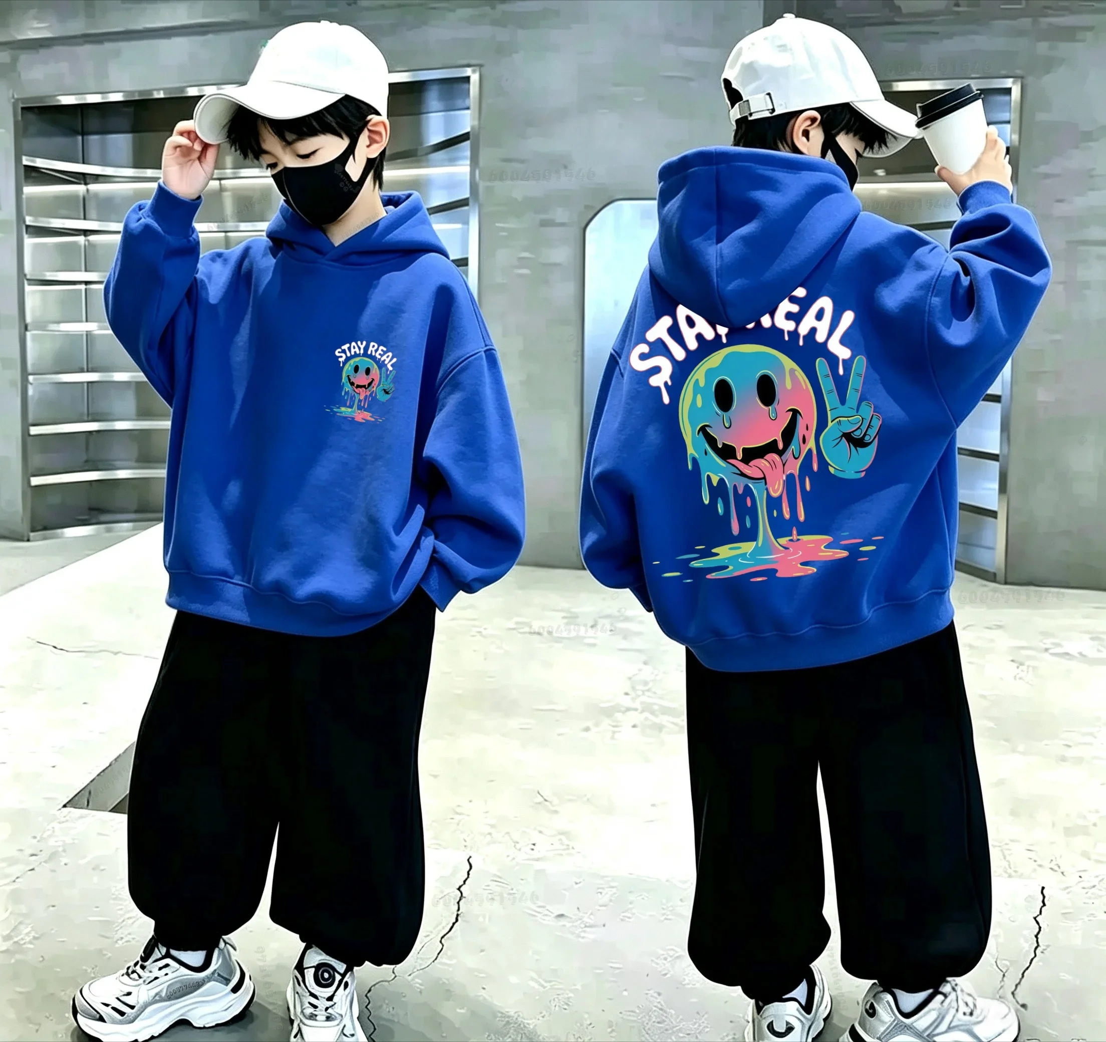 Y2K Street Style Children Hoodie Gradient Melting Smiley Graphic Front & Back Print Loose Casual Pullover Sweatshirt