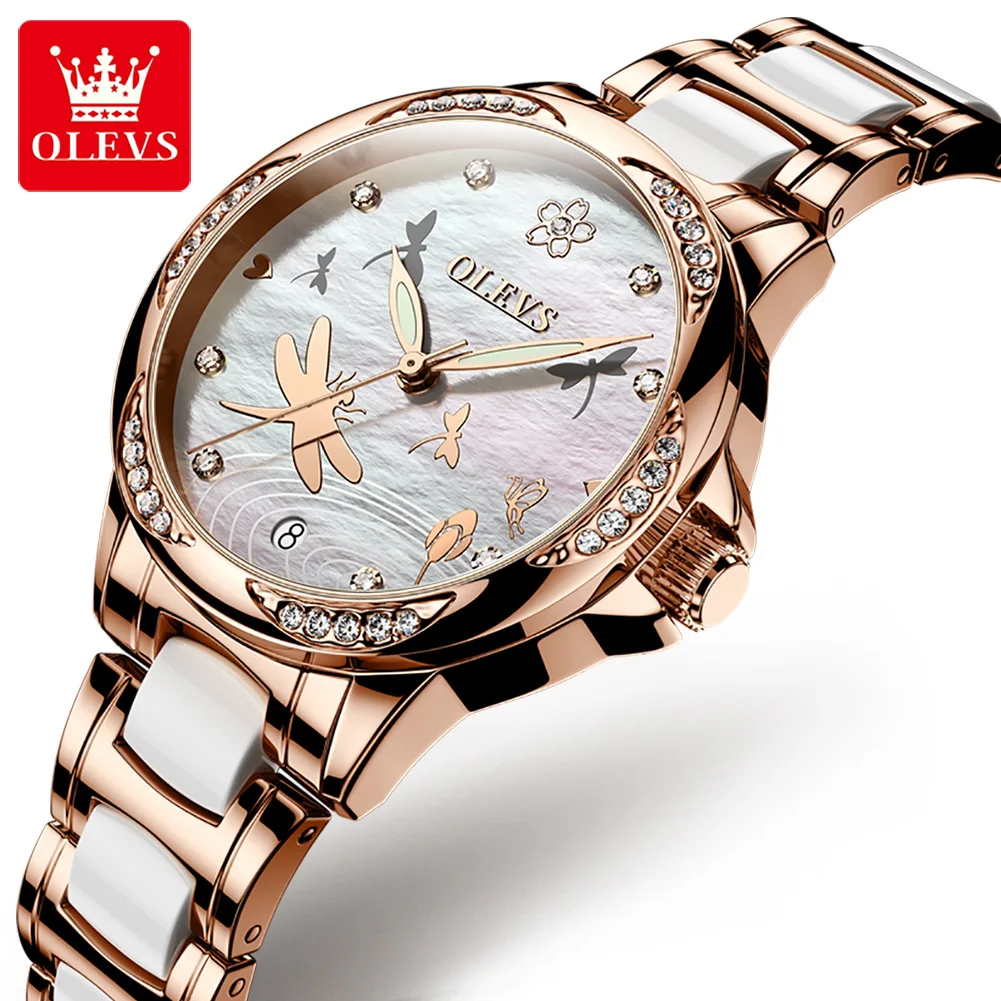 OLEVS-relojes mecánicos automáticos para mujer, reloj de cerámica elegante, correa, reloj de lujo de marca superior, resistente al agua, reloj de