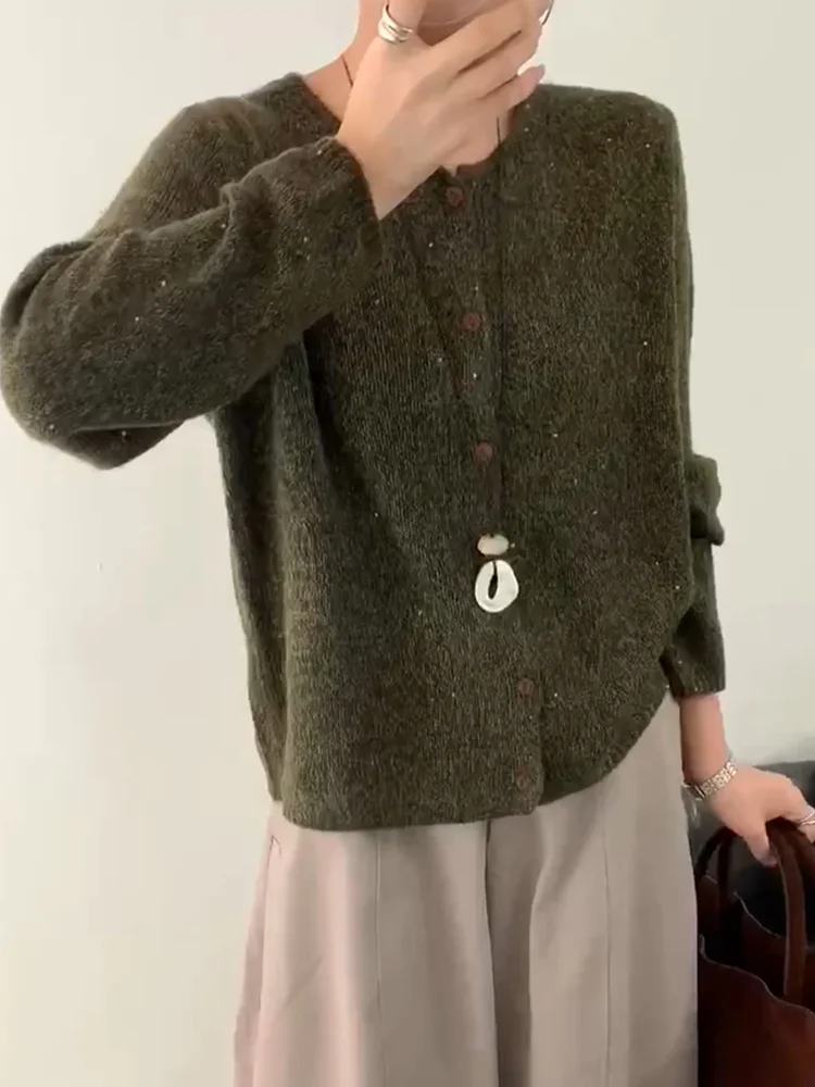 

Korean Sle Knitted Sequin Open Cardigan Autumn New plus Size Ele Slimming Versatile Anti-Aging Top Warm Long Sve Cas...