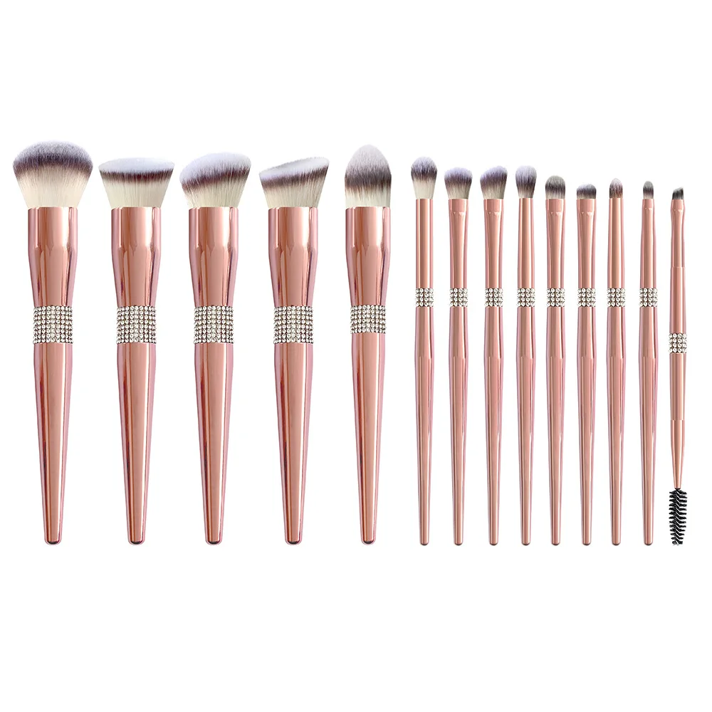 Pincéis de maquiagem de marca própria, 14 peças, ouro rosa, diamante, cabo de cristal, conjunto de pincéis de maquiagem, base, sombra, ferramenta de mistura