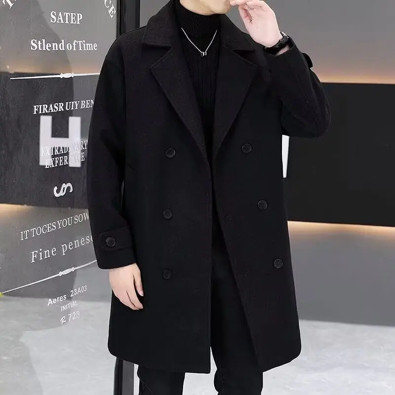 

Зимнее шерстяное пальто мужское средней длины в корейском стиле, ниже колена, приталенное, модное, повседневное, из полиэфирного волокна