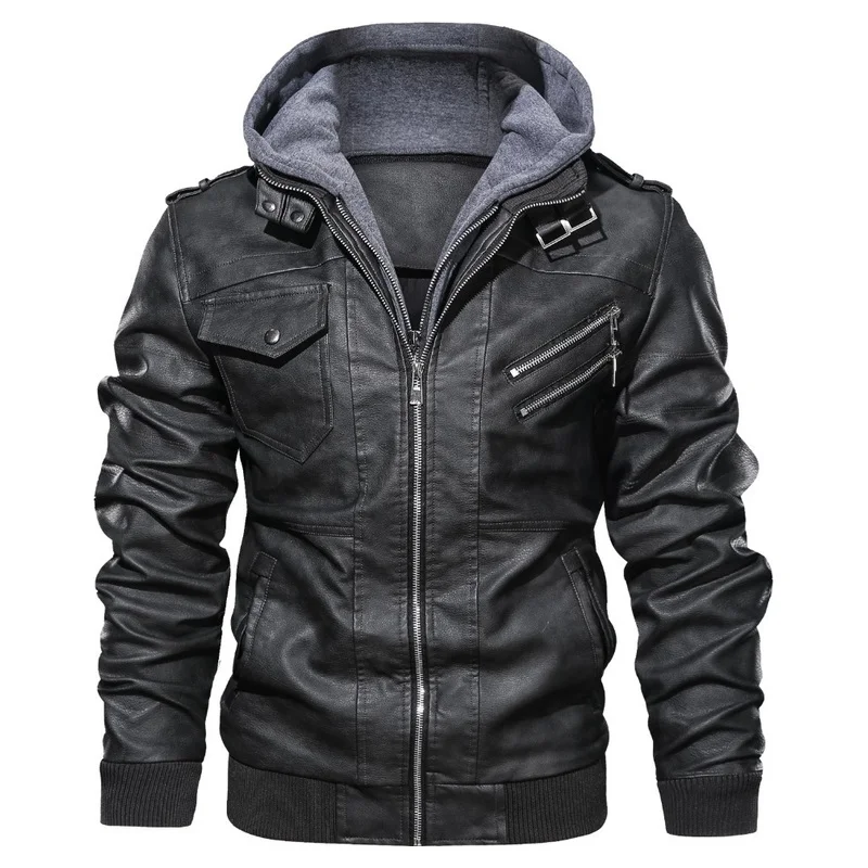 Men Black PU Leather Jacket Slim Fit Zip Up Casual Fall Fashion Coat Streetwear Outerwear