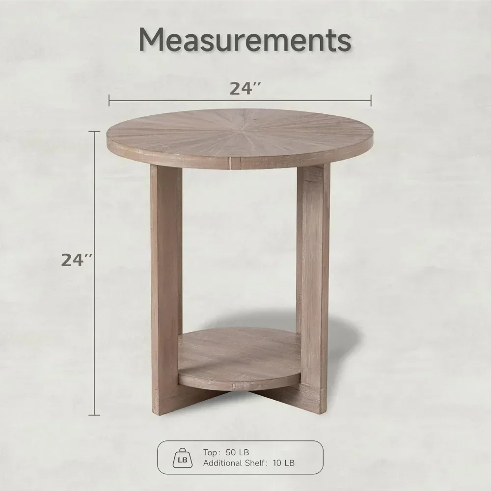 Round Wood End Tables with Storage, Rustic Farmhouse Accent Table with Distressed Wood Top, Circle Table for Living Room